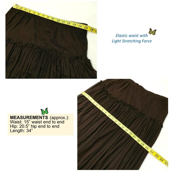 Elegant Brown Midi Flowy Skirt Mesh Sequin Cut-out Lace Lined Elastic Waistline - Picture 8 of 9